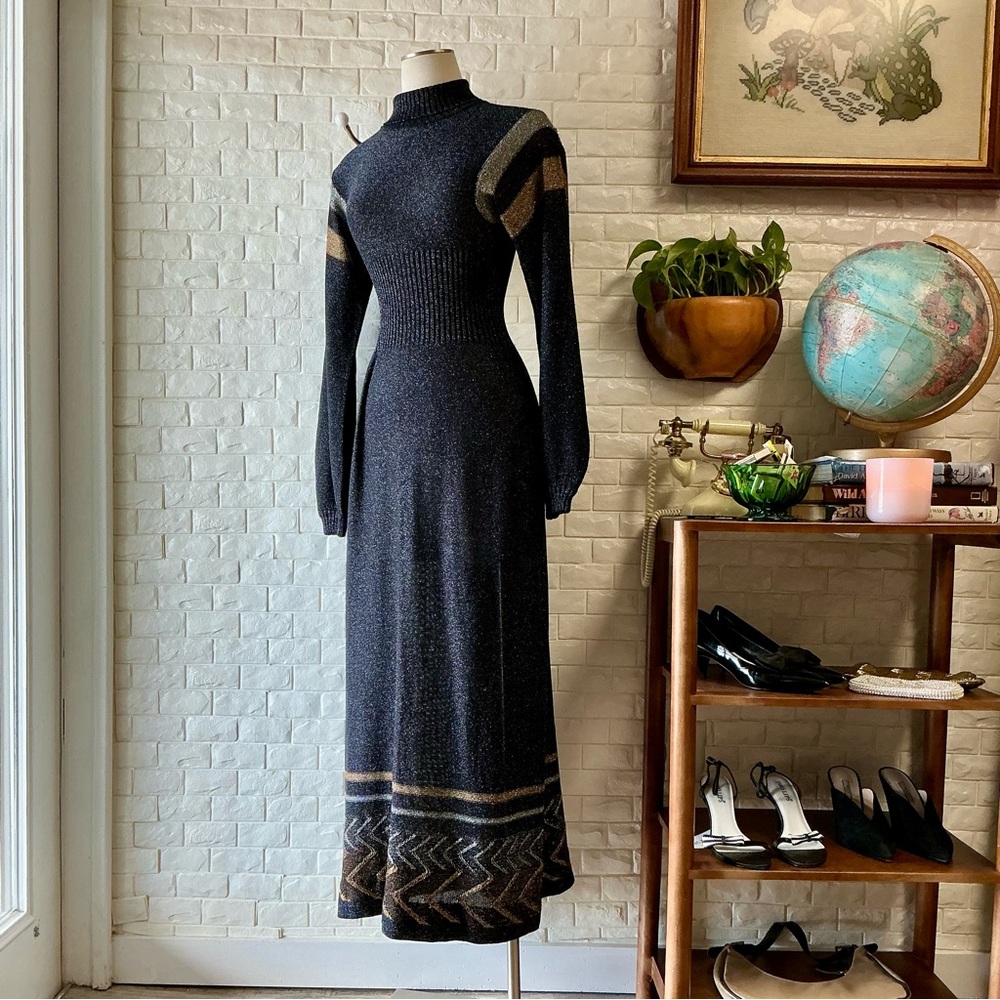 Vintage 1970s Wenjilli Long Sweater Dress Metallic Lurex Glitter Knit Gown - Picture 1 of 12